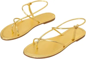 GORGLITTER Women's Metallic Strappy Flat Sandals Open Toe Dressy Summer Beach Thong Slides