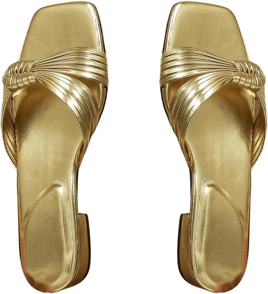 GORGLITTER Women's Summer Beach Flat Cute Sandals 2025 Twist Knot Slide Gold Shoes