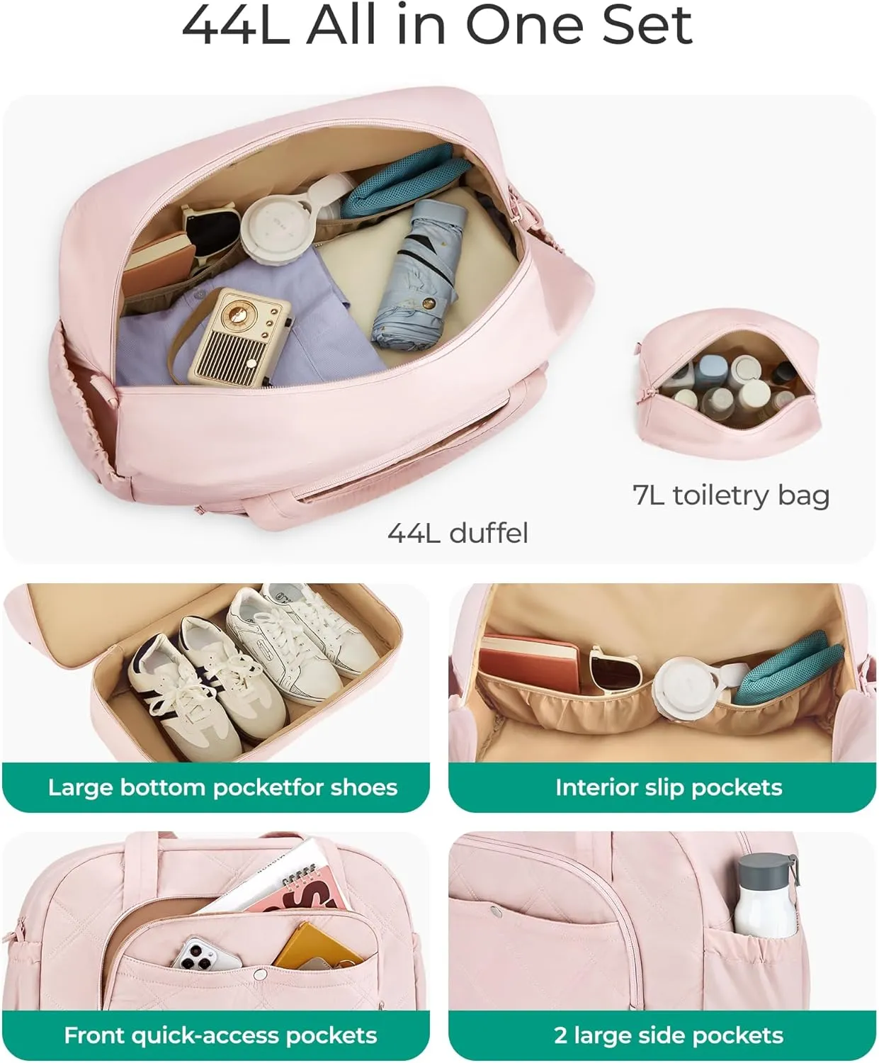 Gym Bag for Women, BAGSMART Puffy Travel Duffel Bags with Shoe Compartment, Carry on Weekender Overnight Tote Bag with Toiletry Bag, Travel Bag for Airlines, Travel, Sports, Pink