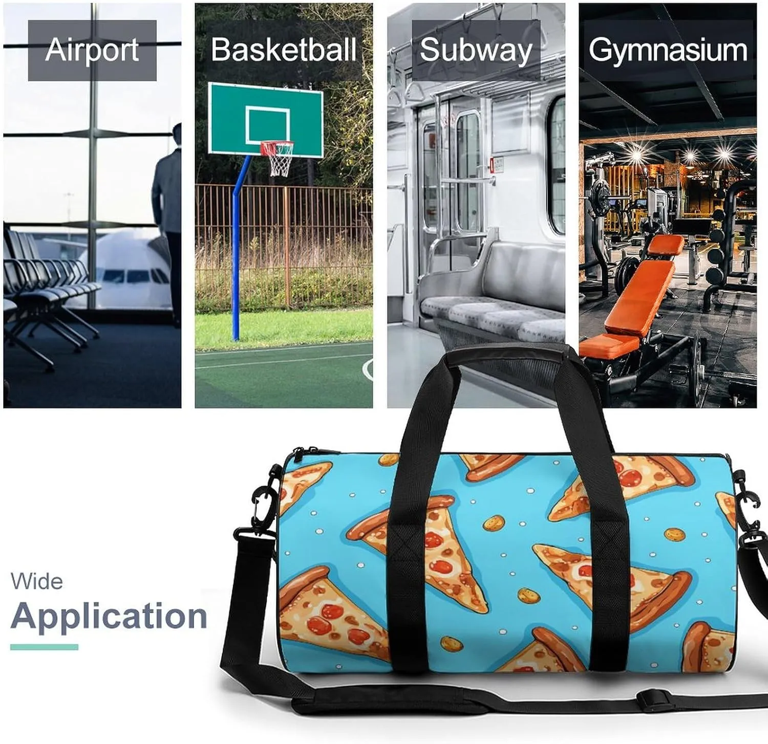 Gym Bag Light Blue Pizza Slice Duffel Bag for Men Women Overnight Bag with Shoe Compartment Workout Bags