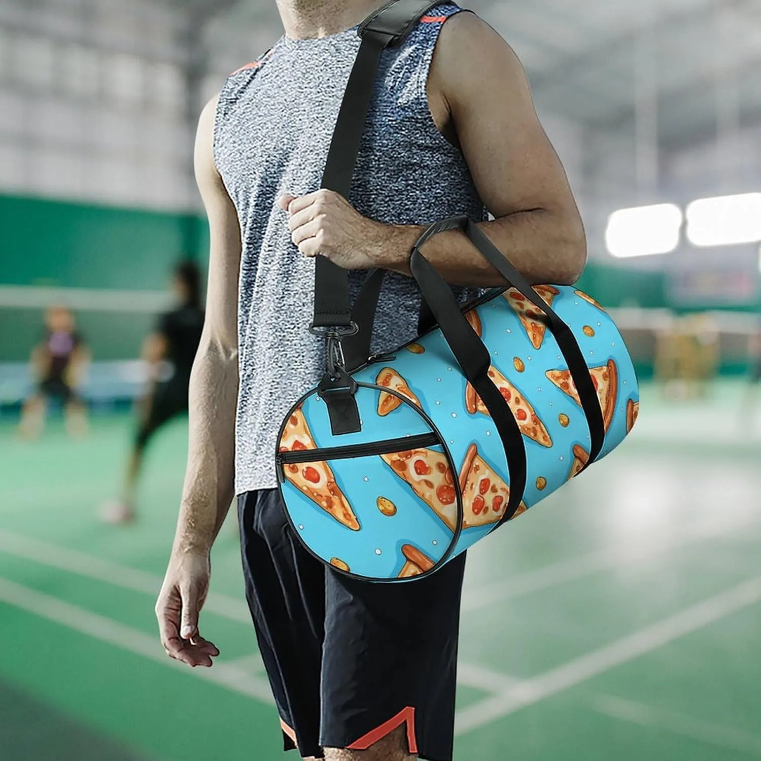 Gym Bag Light Blue Pizza Slice Duffel Bag for Men Women Overnight Bag with Shoe Compartment Workout Bags