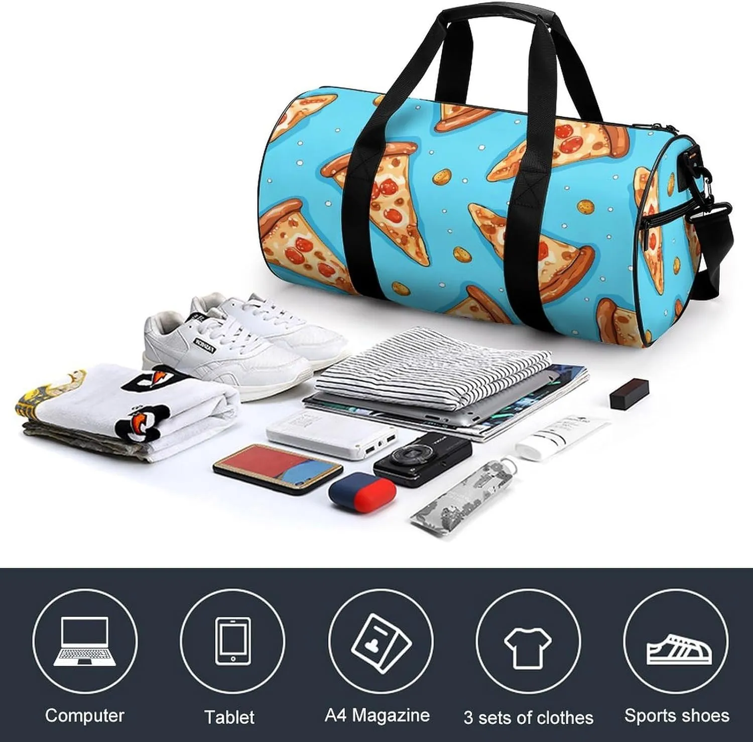 Gym Bag Light Blue Pizza Slice Duffel Bag for Men Women Overnight Bag with Shoe Compartment Workout Bags