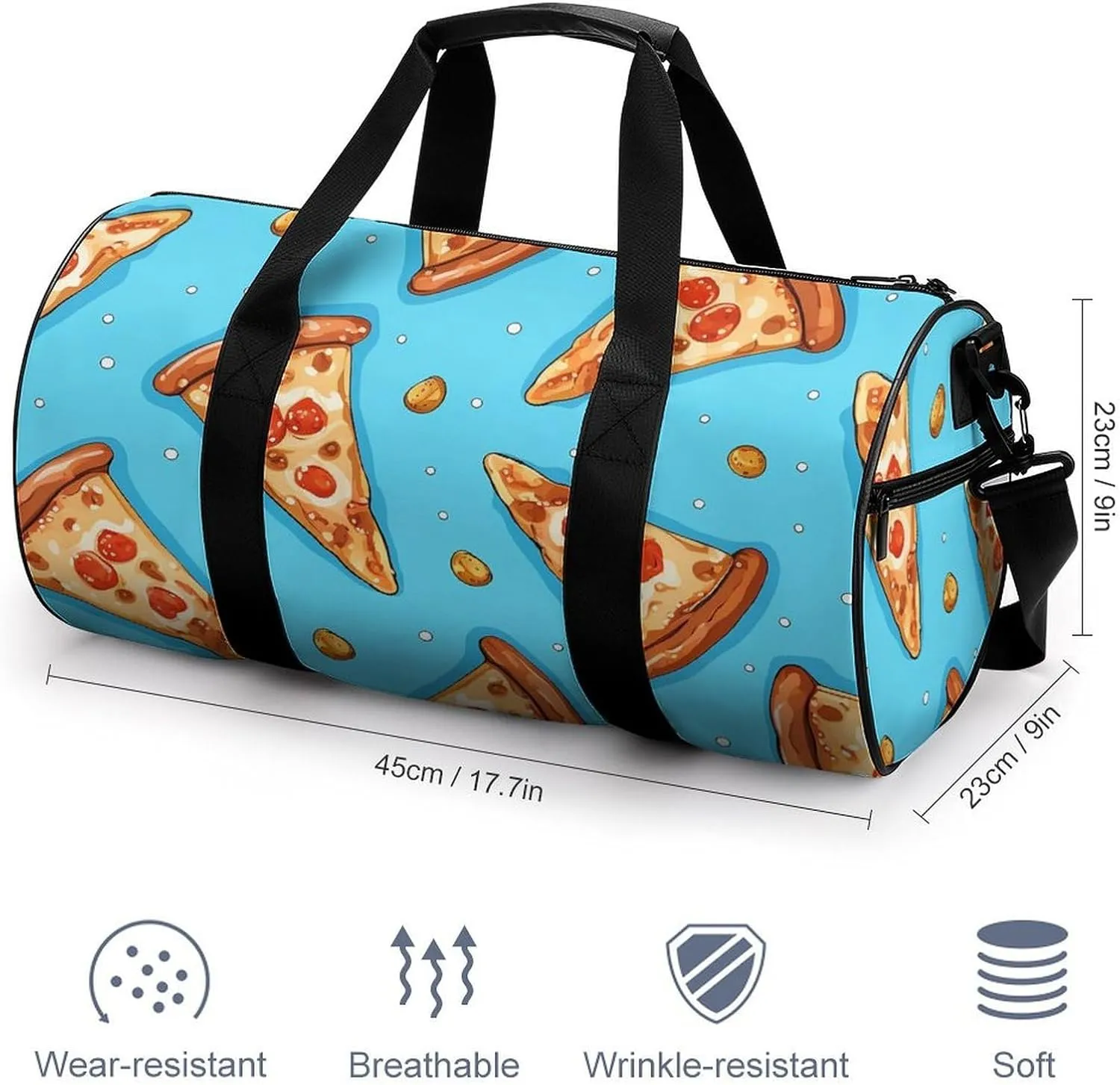 Gym Bag Light Blue Pizza Slice Duffel Bag for Men Women Overnight Bag with Shoe Compartment Workout Bags
