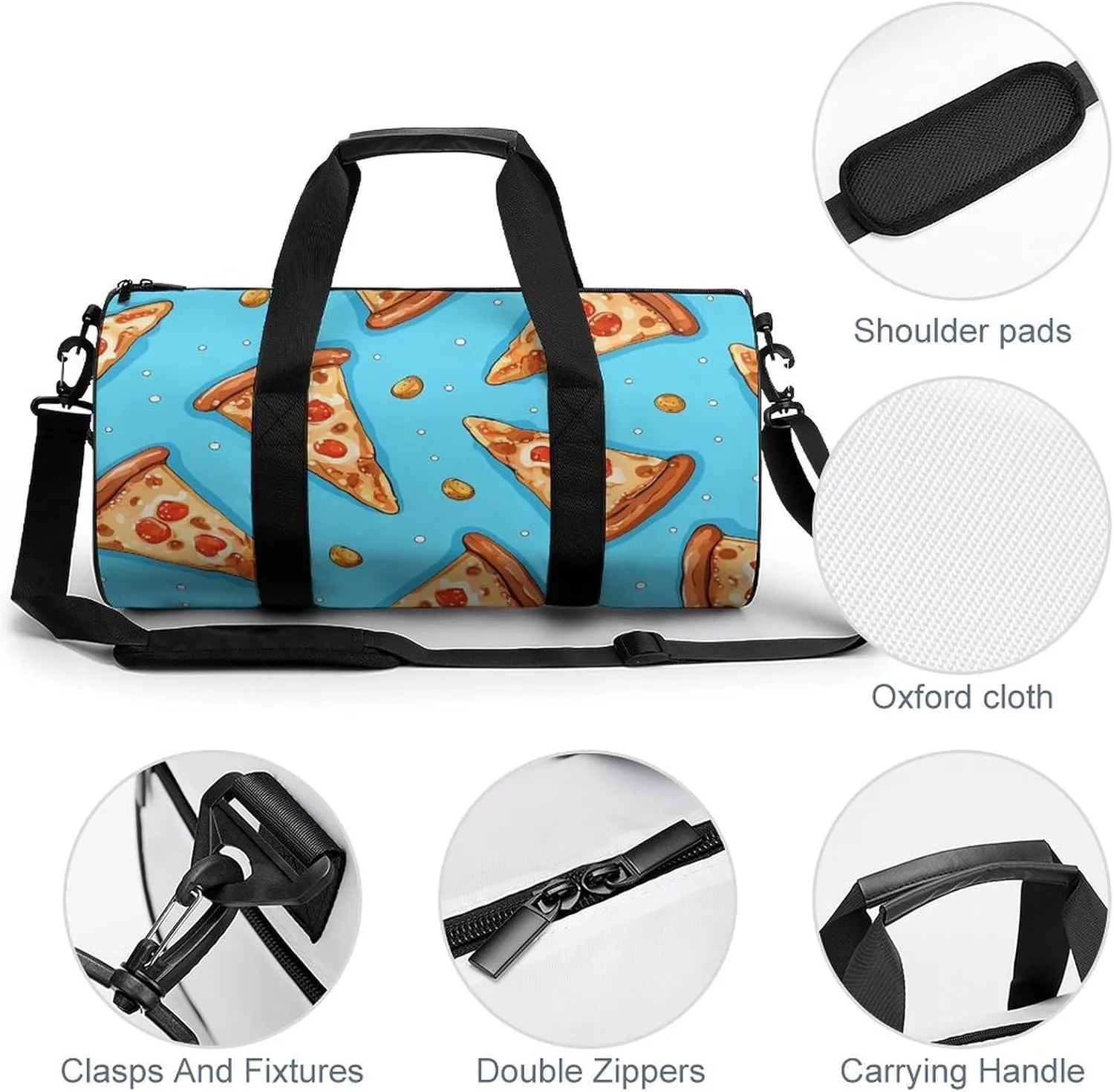 Gym Bag Light Blue Pizza Slice Duffel Bag for Men Women Overnight Bag with Shoe Compartment Workout Bags
