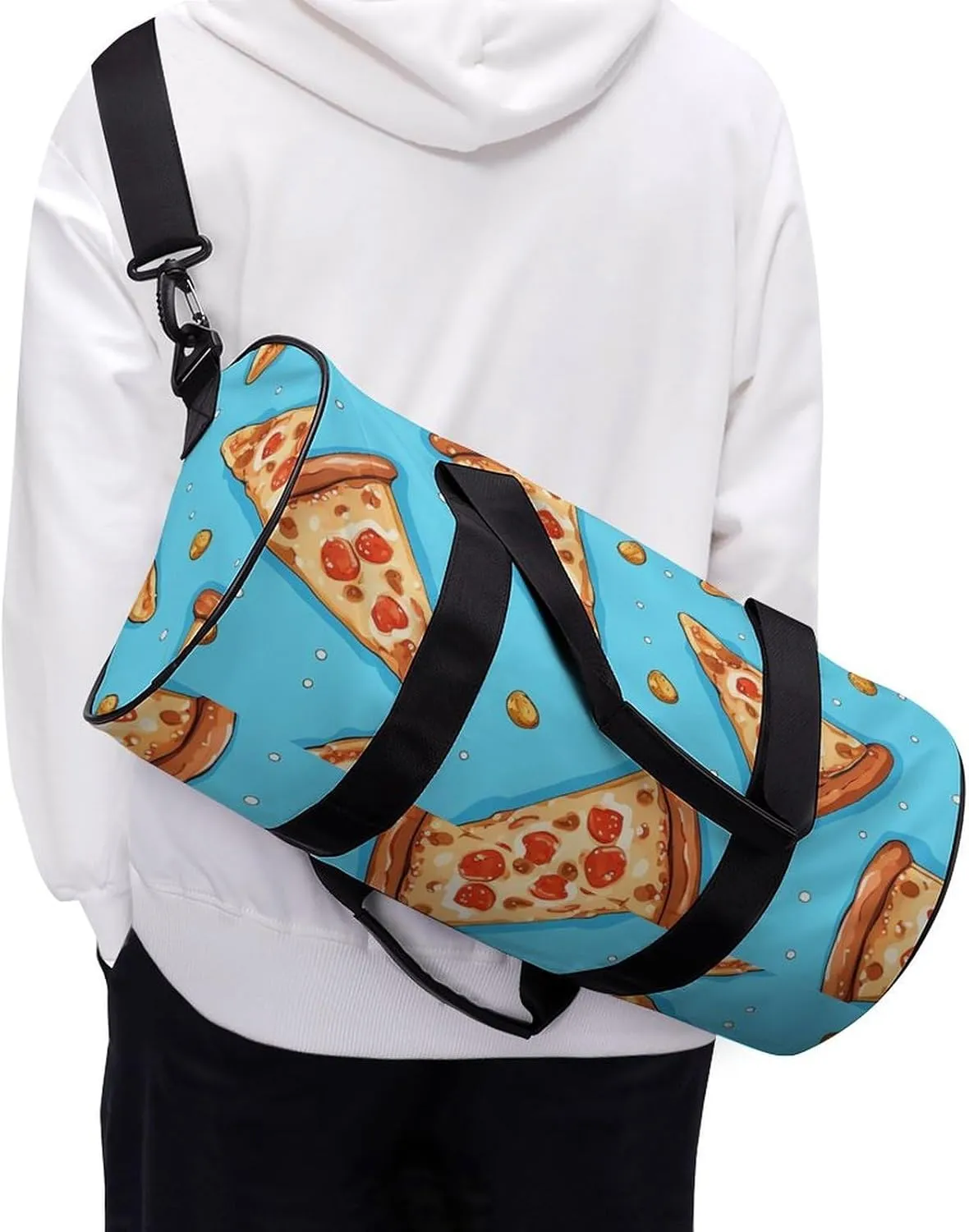 Gym Bag Light Blue Pizza Slice Duffel Bag for Men Women Overnight Bag with Shoe Compartment Workout Bags