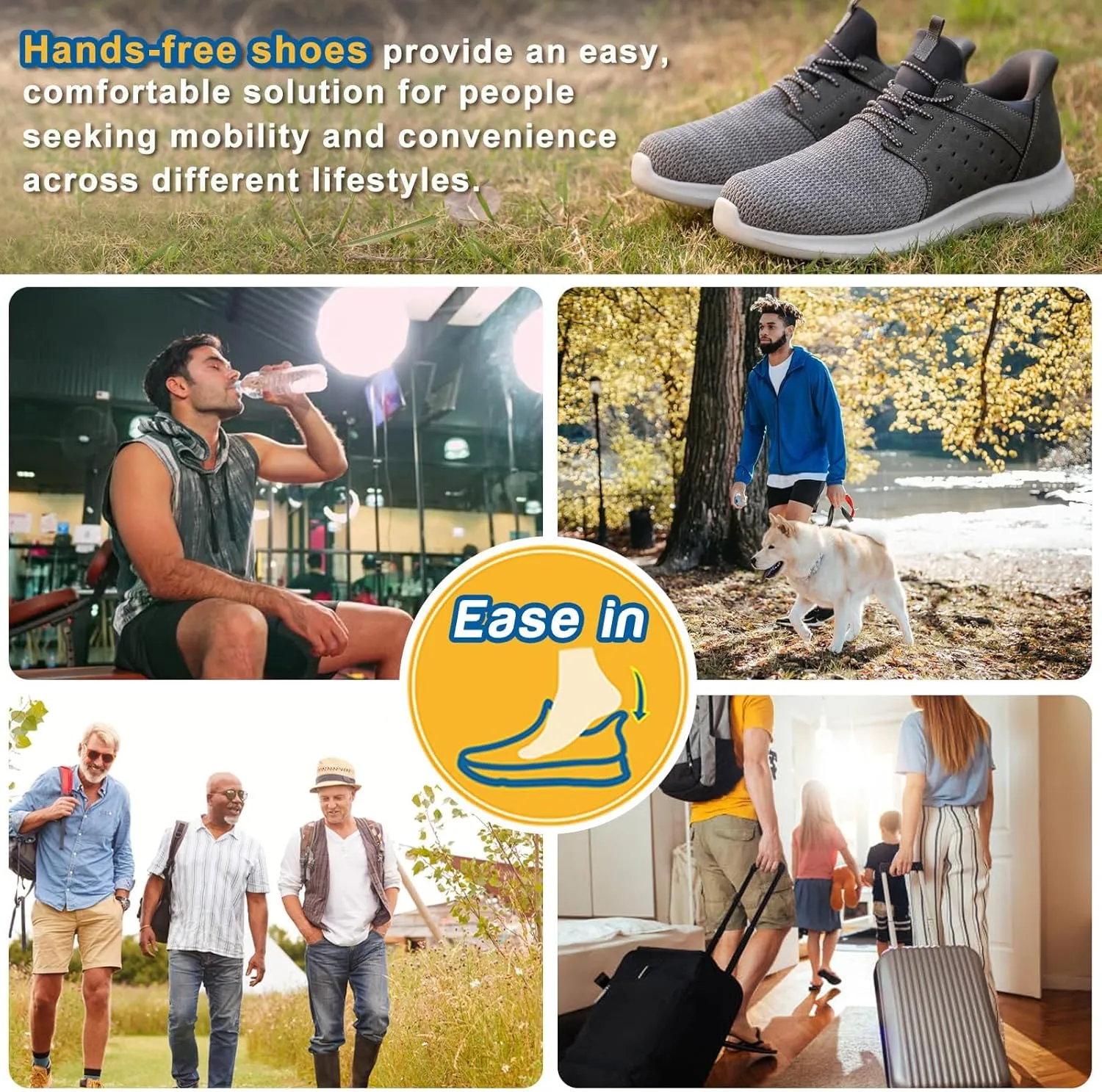 Hands Free Slip On Shoes for Men Walking Casual Sneaker Arch Support Memory Foam Mesh Light Cushioning Fashion Breathable Stylish Black White Tan Grey