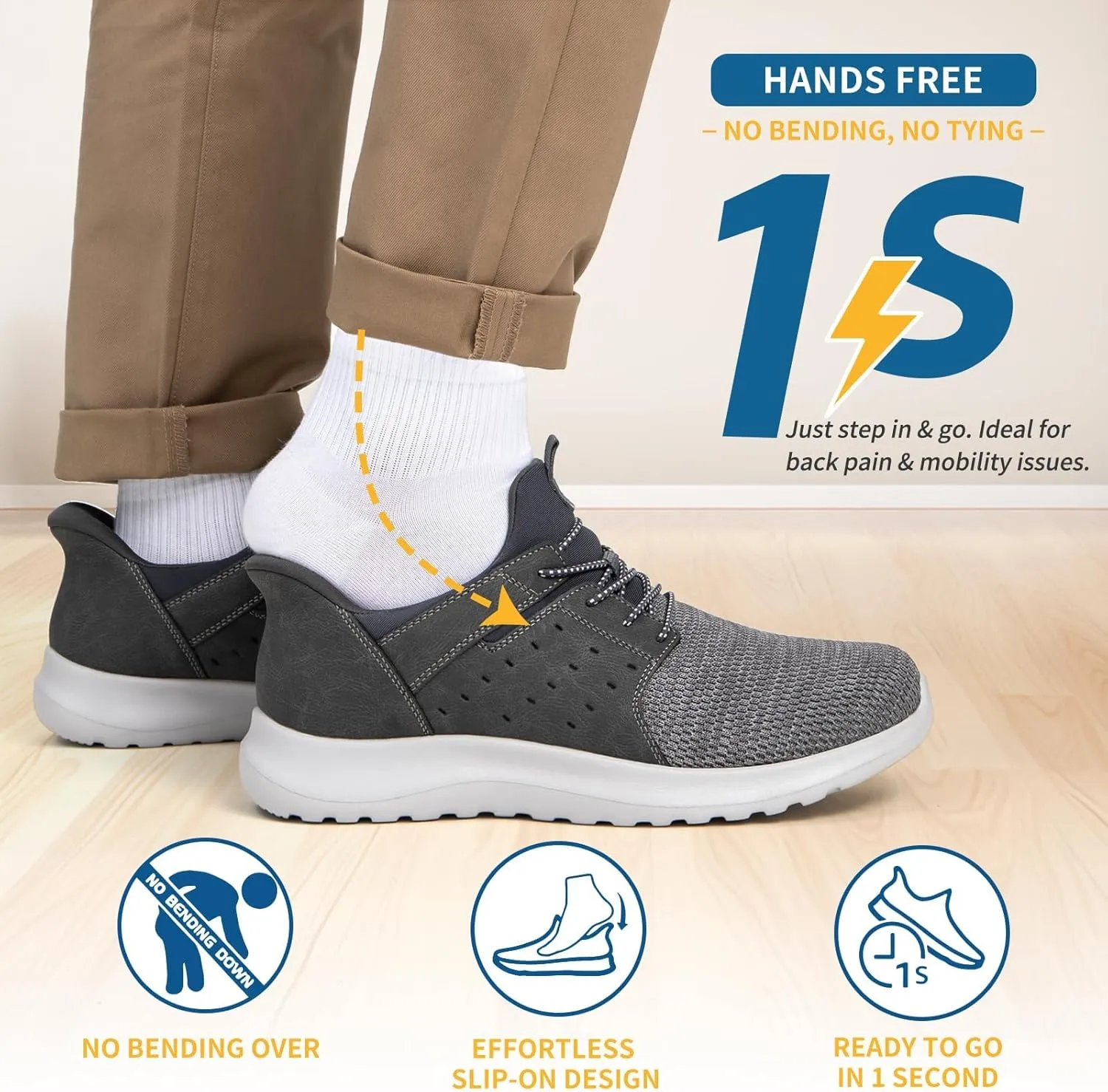 Hands Free Slip On Shoes for Men Walking Casual Sneaker Arch Support Memory Foam Mesh Light Cushioning Fashion Breathable Stylish Black White Tan Grey