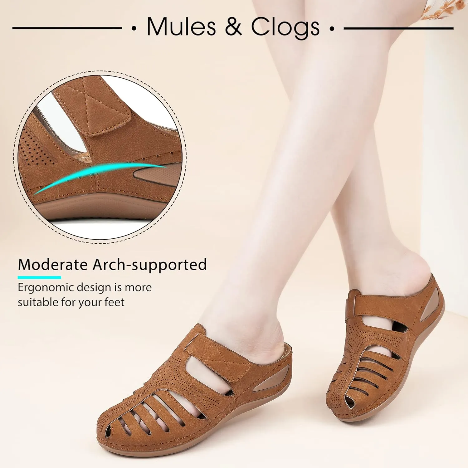 HARENCE Clogs for Women Mules Shoes: Comfortable Dressy Closed Toe Platform Sandals Summer Casual Adjustable Slip On Walking Wedges