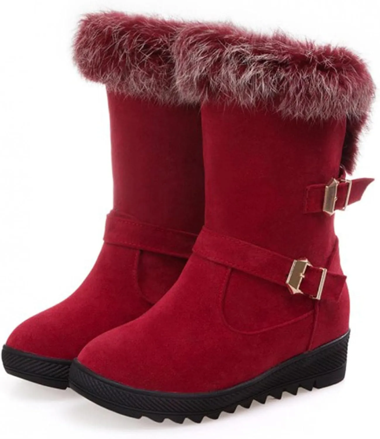 Hbeylia Dress Winter Snow Boots For Women Ladies Fashion Plush Fur Lined Warm Suede Round Toe Wedge Platform Slip On Mid Calf Boots Cozy Fleece Lining Chunky Bottom Mid Heels Short Boots For Christmas