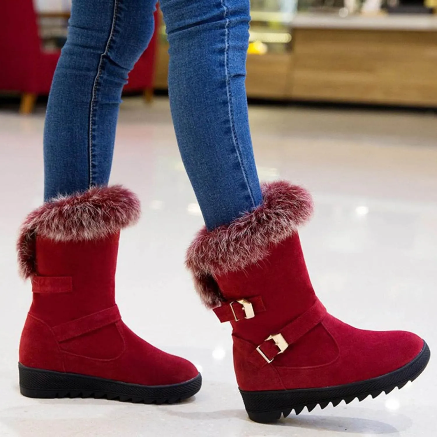 Hbeylia Dress Winter Snow Boots For Women Ladies Fashion Plush Fur Lined Warm Suede Round Toe Wedge Platform Slip On Mid Calf Boots Cozy Fleece Lining Chunky Bottom Mid Heels Short Boots For Christmas