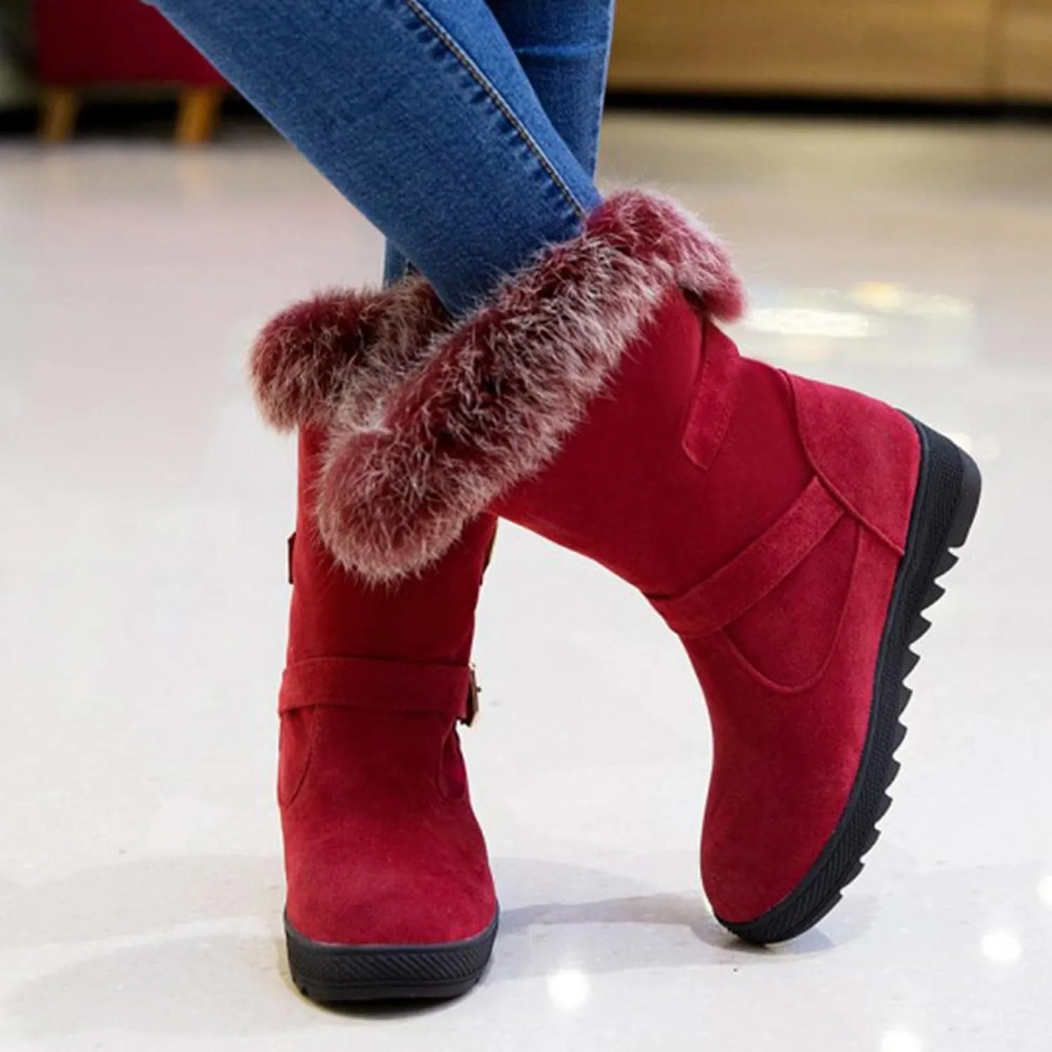 Hbeylia Dress Winter Snow Boots For Women Ladies Fashion Plush Fur Lined Warm Suede Round Toe Wedge Platform Slip On Mid Calf Boots Cozy Fleece Lining Chunky Bottom Mid Heels Short Boots For Christmas
