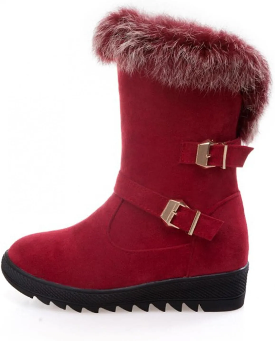 Hbeylia Dress Winter Snow Boots For Women Ladies Fashion Plush Fur Lined Warm Suede Round Toe Wedge Platform Slip On Mid Calf Boots Cozy Fleece Lining Chunky Bottom Mid Heels Short Boots For Christmas