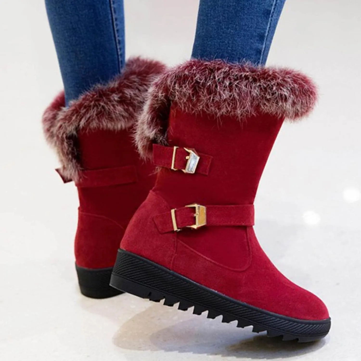 Hbeylia Dress Winter Snow Boots For Women Ladies Fashion Plush Fur Lined Warm Suede Round Toe Wedge Platform Slip On Mid Calf Boots Cozy Fleece Lining Chunky Bottom Mid Heels Short Boots For Christmas