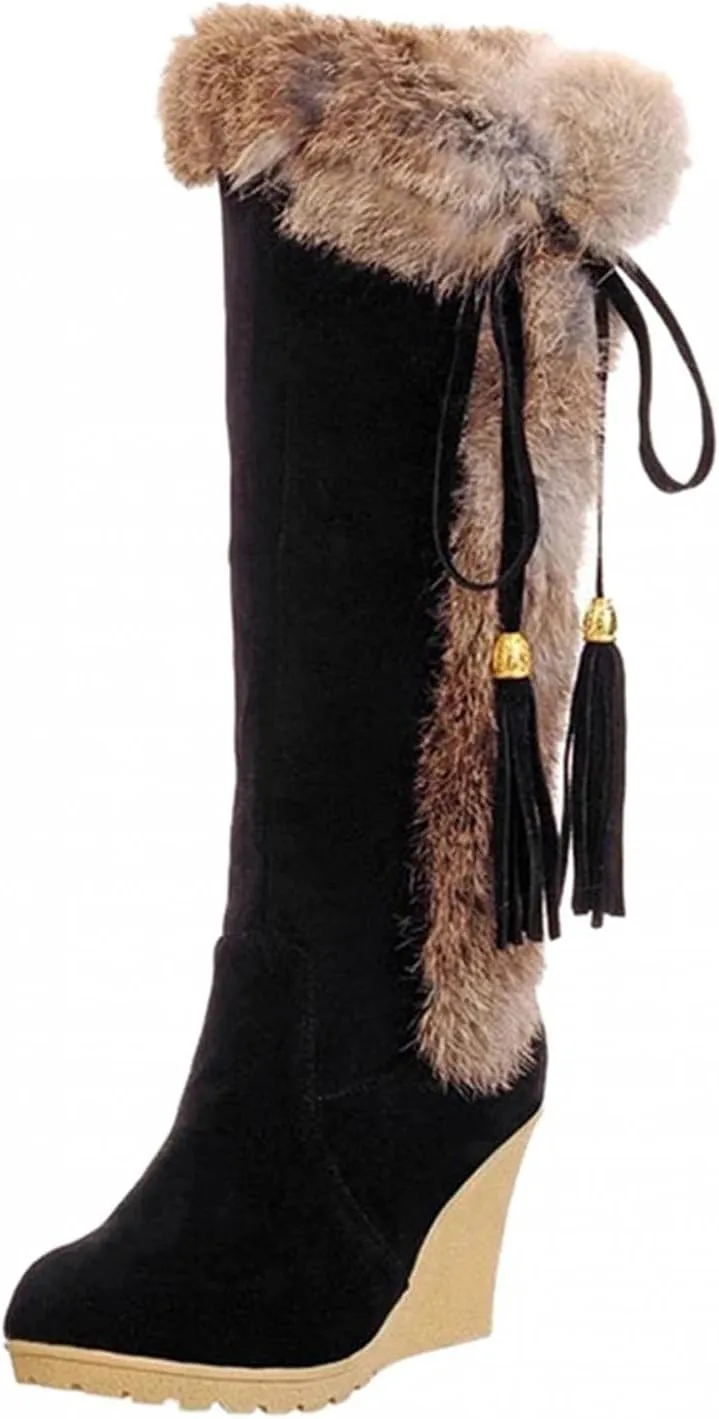 Hbeylia High Heels Fuzzy Winter Snow Boots For Women Fashion Casual Boho Suede Tassels Pluffy Fur Thermal Wide Calf Boots Bohemian Furry Fringe Lace Up Warm Dress Tall Boots For Ladies Girls Christmas