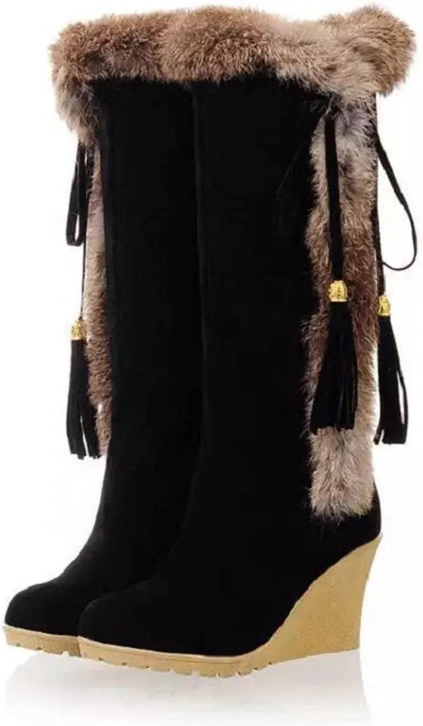 Hbeylia High Heels Fuzzy Winter Snow Boots For Women Fashion Casual Boho Suede Tassels Pluffy Fur Thermal Wide Calf Boots Bohemian Furry Fringe Lace Up Warm Dress Tall Boots For Ladies Girls Christmas