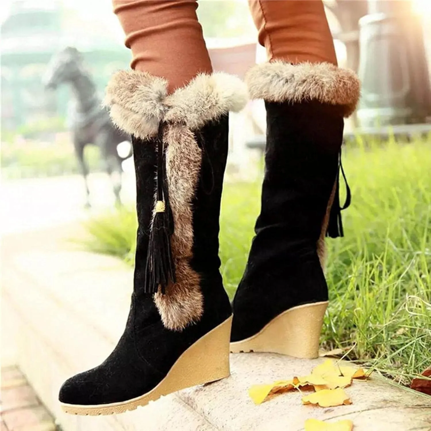 Hbeylia High Heels Fuzzy Winter Snow Boots For Women Fashion Casual Boho Suede Tassels Pluffy Fur Thermal Wide Calf Boots Bohemian Furry Fringe Lace Up Warm Dress Tall Boots For Ladies Girls Christmas