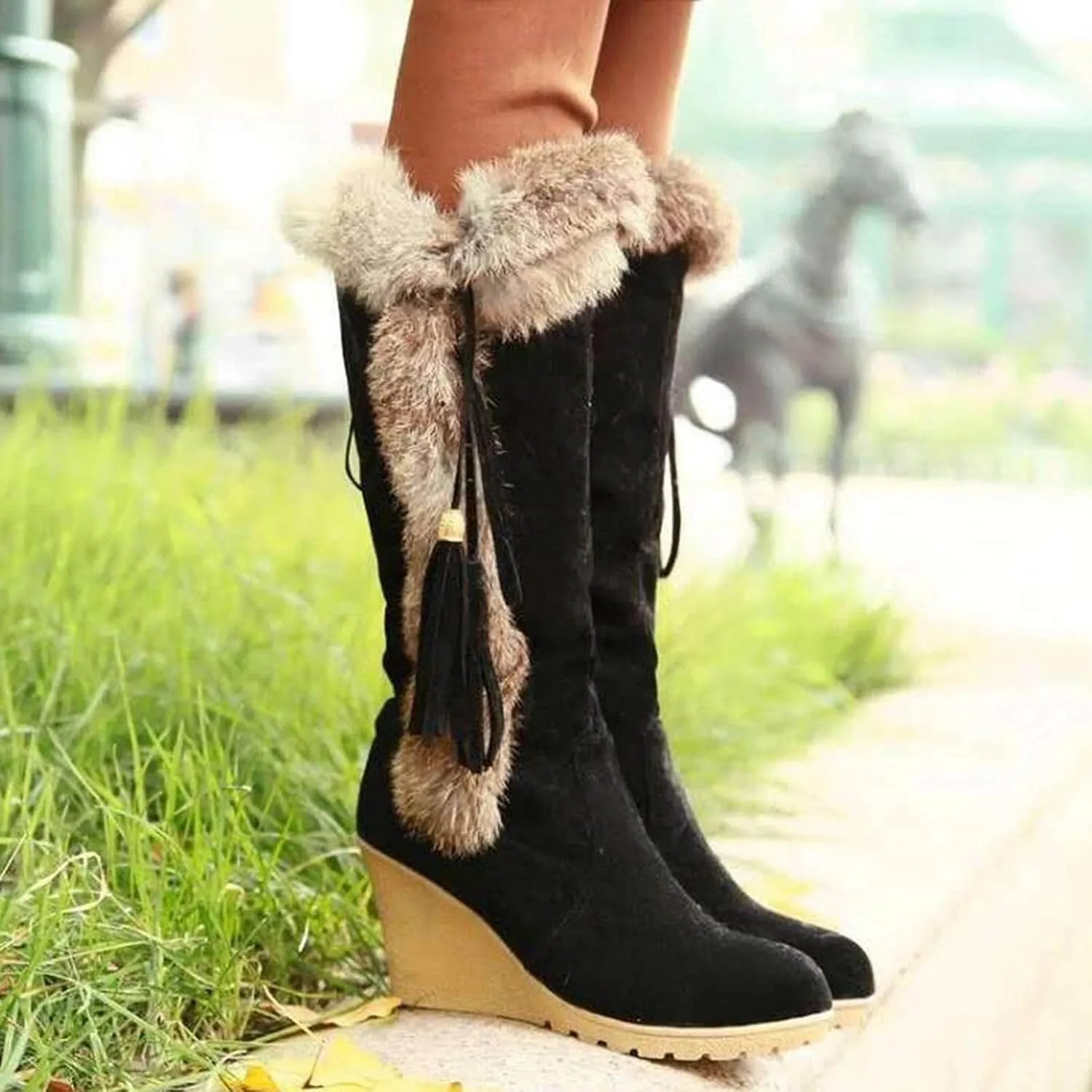 Hbeylia High Heels Fuzzy Winter Snow Boots For Women Fashion Casual Boho Suede Tassels Pluffy Fur Thermal Wide Calf Boots Bohemian Furry Fringe Lace Up Warm Dress Tall Boots For Ladies Girls Christmas