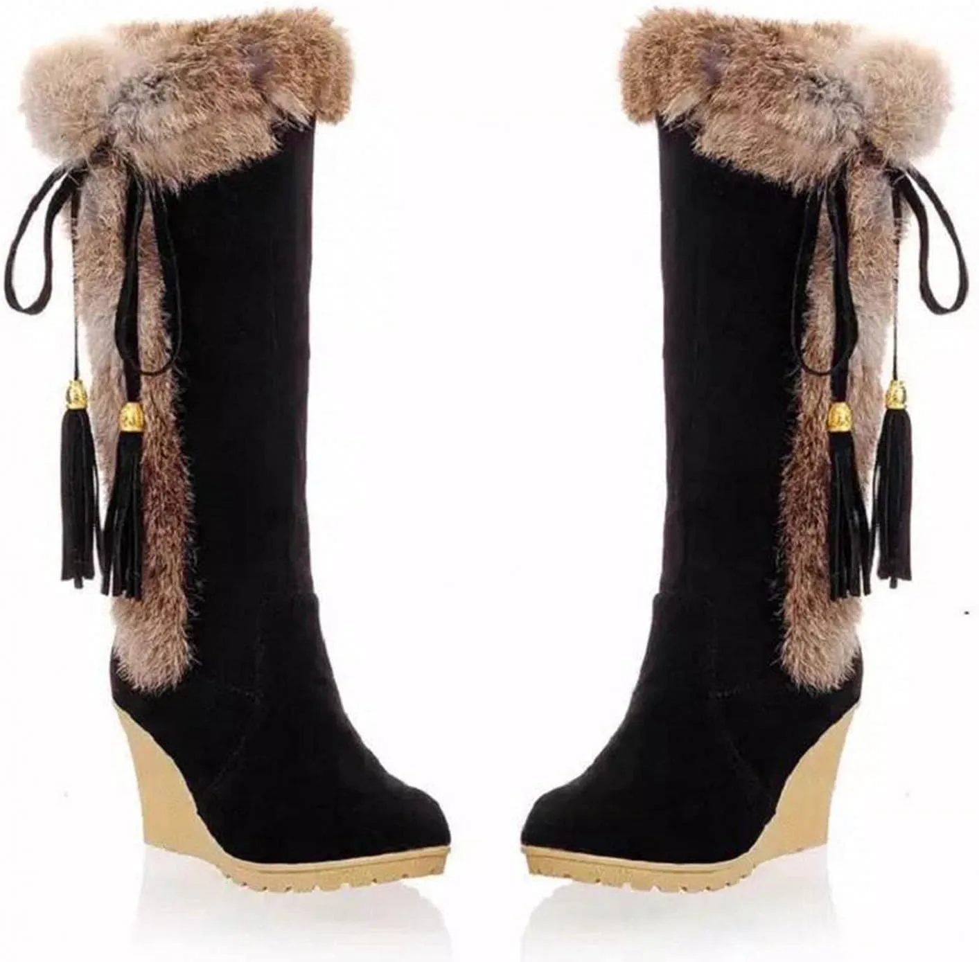 Hbeylia High Heels Fuzzy Winter Snow Boots For Women Fashion Casual Boho Suede Tassels Pluffy Fur Thermal Wide Calf Boots Bohemian Furry Fringe Lace Up Warm Dress Tall Boots For Ladies Girls Christmas