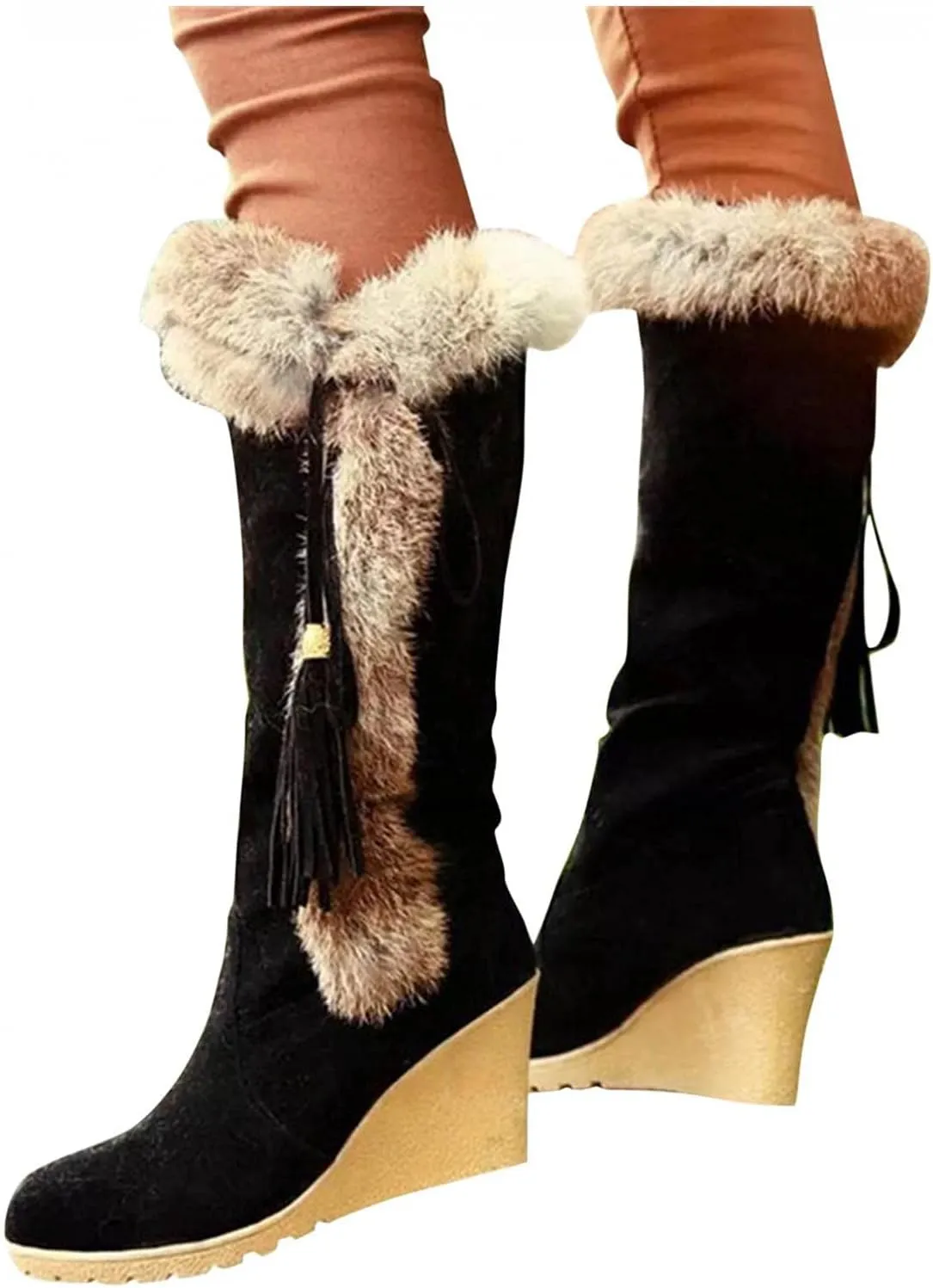 Hbeylia High Heels Fuzzy Winter Snow Boots For Women Fashion Casual Boho Suede Tassels Pluffy Fur Thermal Wide Calf Boots Bohemian Furry Fringe Lace Up Warm Dress Tall Boots For Ladies Girls Christmas