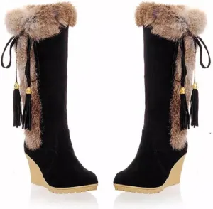 Hbeylia High Heels Fuzzy Winter Snow Boots For Women Fashion Casual Boho Suede Tassels Pluffy Fur Thermal Wide Calf Boots Bohemian Furry Fringe Lace Up Warm Dress Tall Boots For Ladies Girls Christmas
