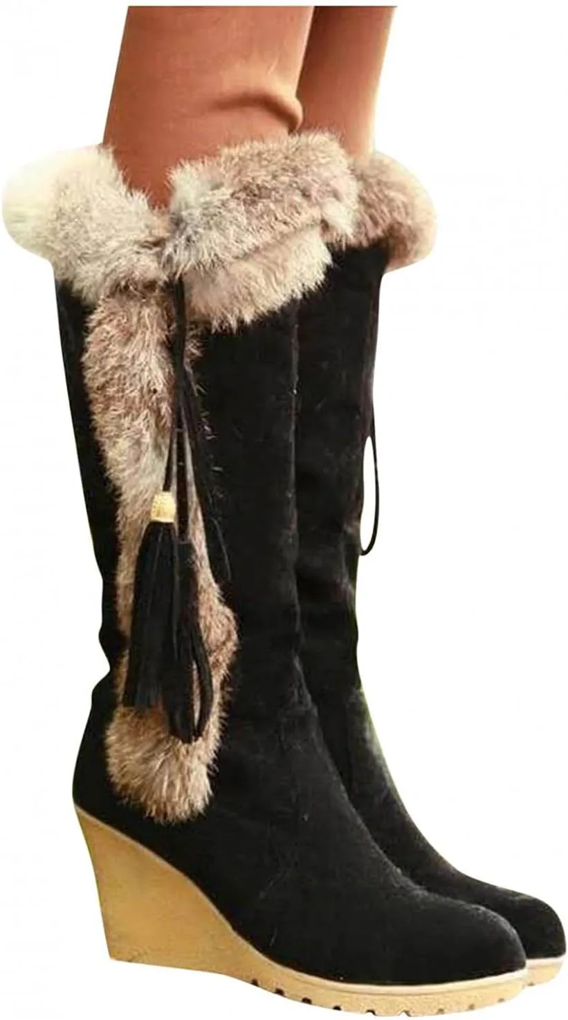 Hbeylia High Heels Fuzzy Winter Snow Boots For Women Fashion Casual Boho Suede Tassels Pluffy Fur Thermal Wide Calf Boots Bohemian Furry Fringe Lace Up Warm Dress Tall Boots For Ladies Girls Christmas