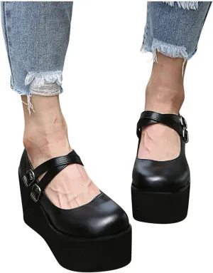 Hbeylia Platform Mary Jane Shoes For Women Vintage Leather Wide Round Toe Chunky Bottom High Heels Ballet Flats With Arch Support Retro Goth Thick Heeled Dress Oxfords For Girls School Uniform