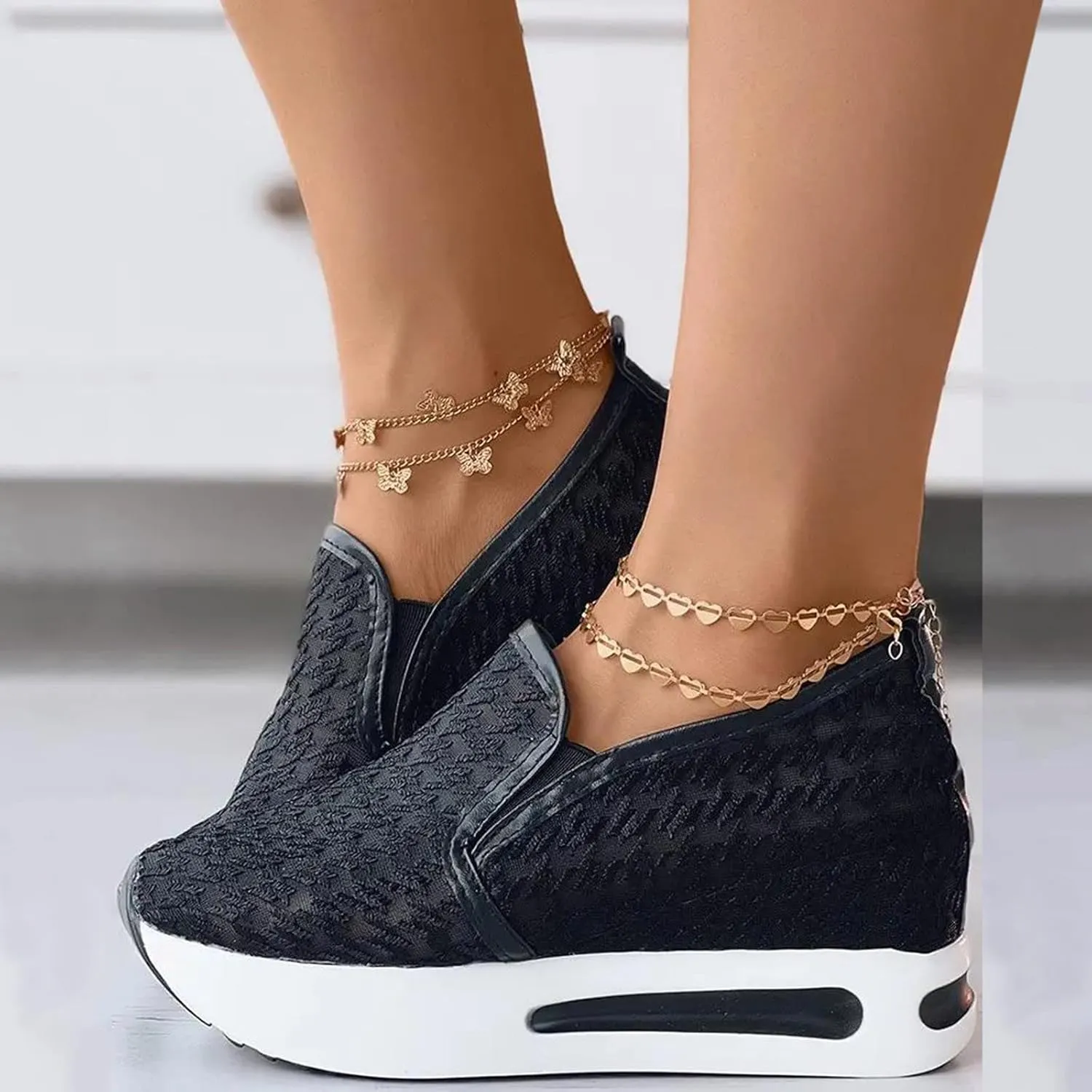 Hbeylia Platform Wedge Fashion Sneakers for Women Ladies Mesh Air Lace Chunky Sole High Heels Slip On Loafers Walking Work Shoes Arch Support Low Top Play Sneakers