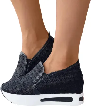 Hbeylia Platform Wedge Fashion Sneakers for Women Ladies Mesh Air Lace Chunky Sole High Heels Slip On Loafers Walking Work Shoes Arch Support Low Top Play Sneakers