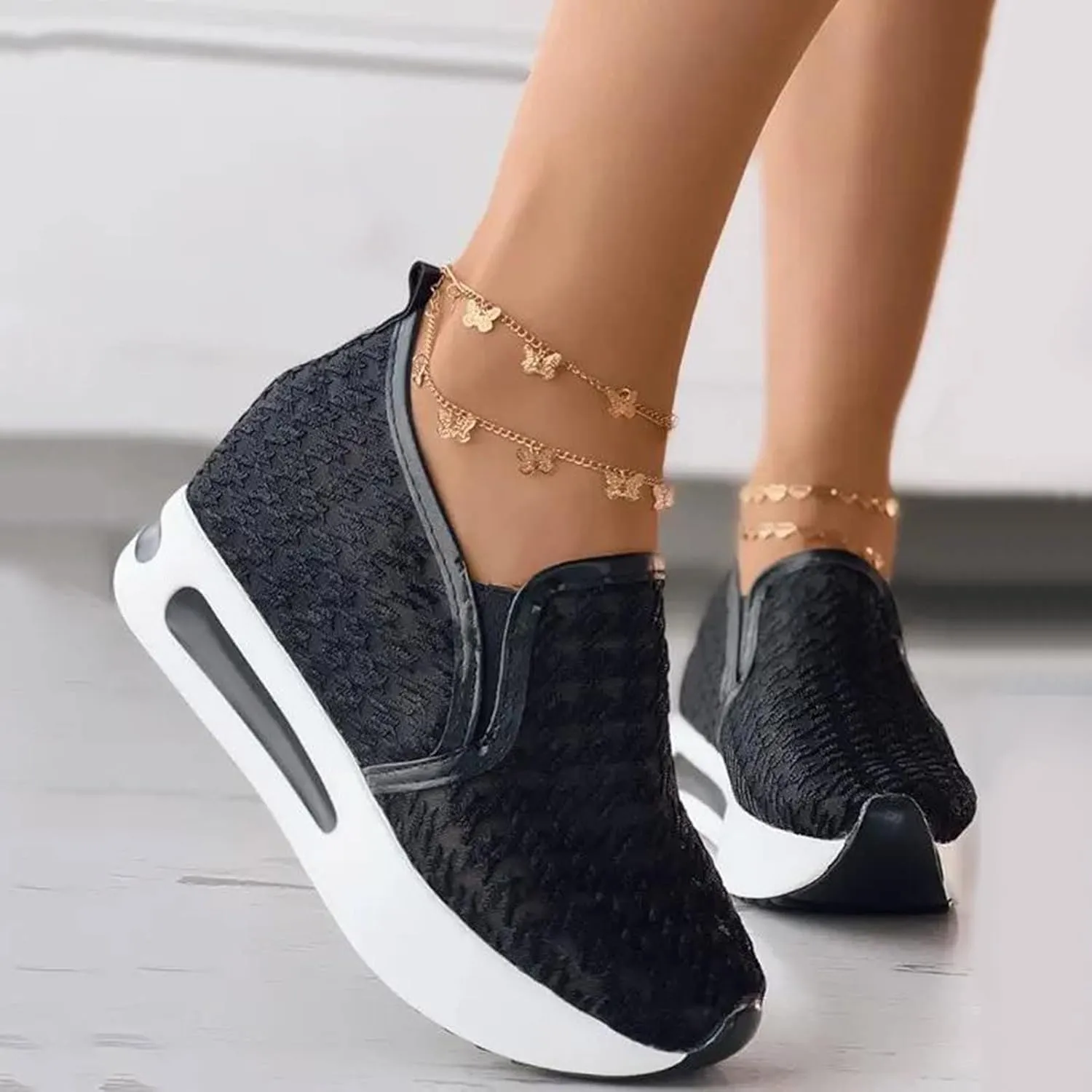 Hbeylia Platform Wedge Fashion Sneakers for Women Ladies Mesh Air Lace Chunky Sole High Heels Slip On Loafers Walking Work Shoes Arch Support Low Top Play Sneakers