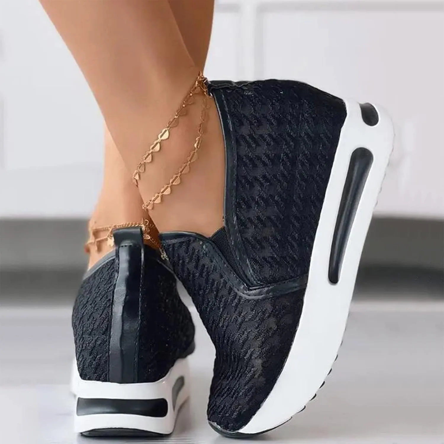 Hbeylia Platform Wedge Fashion Sneakers for Women Ladies Mesh Air Lace Chunky Sole High Heels Slip On Loafers Walking Work Shoes Arch Support Low Top Play Sneakers