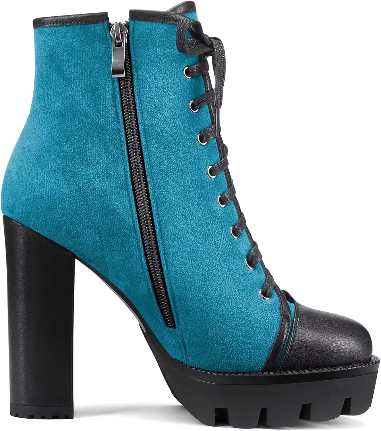 HDEUOLM Women High Chunky Block Platform Heel Round Toe Lace-up Zipper Ankle Boots Short Bootie Shoes