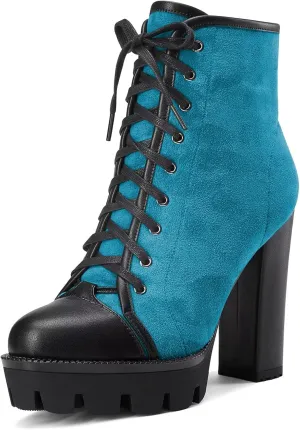 HDEUOLM Women High Chunky Block Platform Heel Round Toe Lace-up Zipper Ankle Boots Short Bootie Shoes