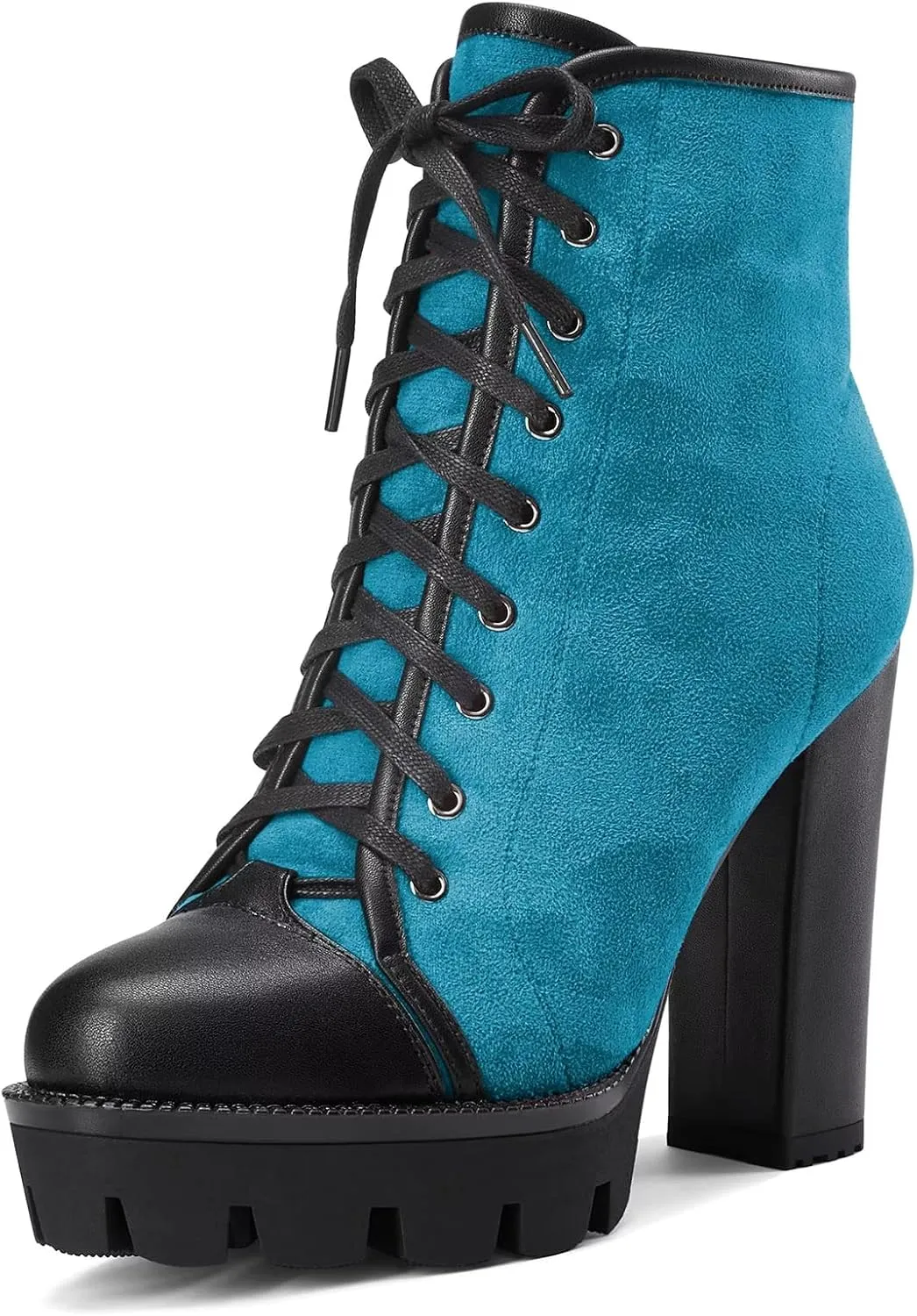 HDEUOLM Women High Chunky Block Platform Heel Round Toe Lace-up Zipper Ankle Boots Short Bootie Shoes