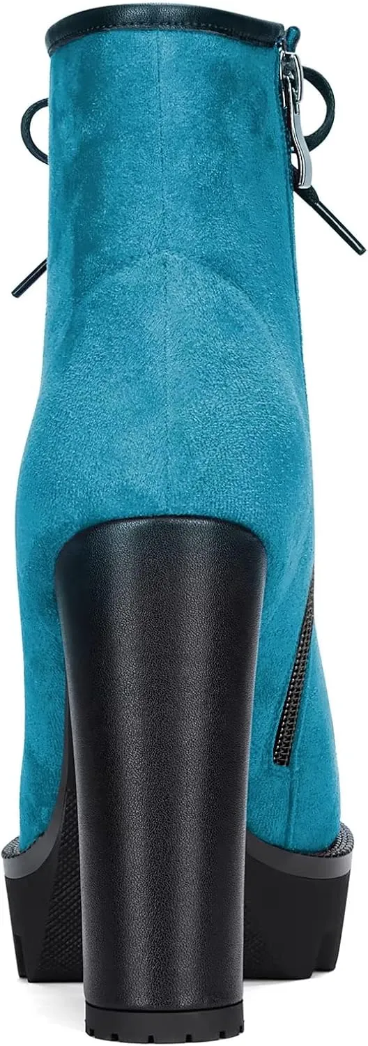 HDEUOLM Women High Chunky Block Platform Heel Round Toe Lace-up Zipper Ankle Boots Short Bootie Shoes