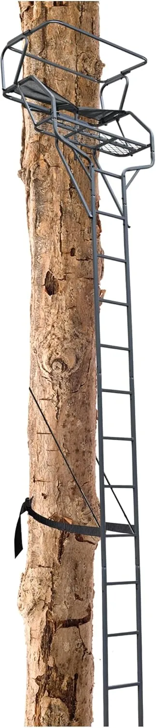 HECASA 2 Person Ladder Stand, 18 Foot Deer Hunting Ladder Climbing Tree Stand, Steel Tree Step with with Mesh Seat and Flip-up Shooting Rail, 500LBS