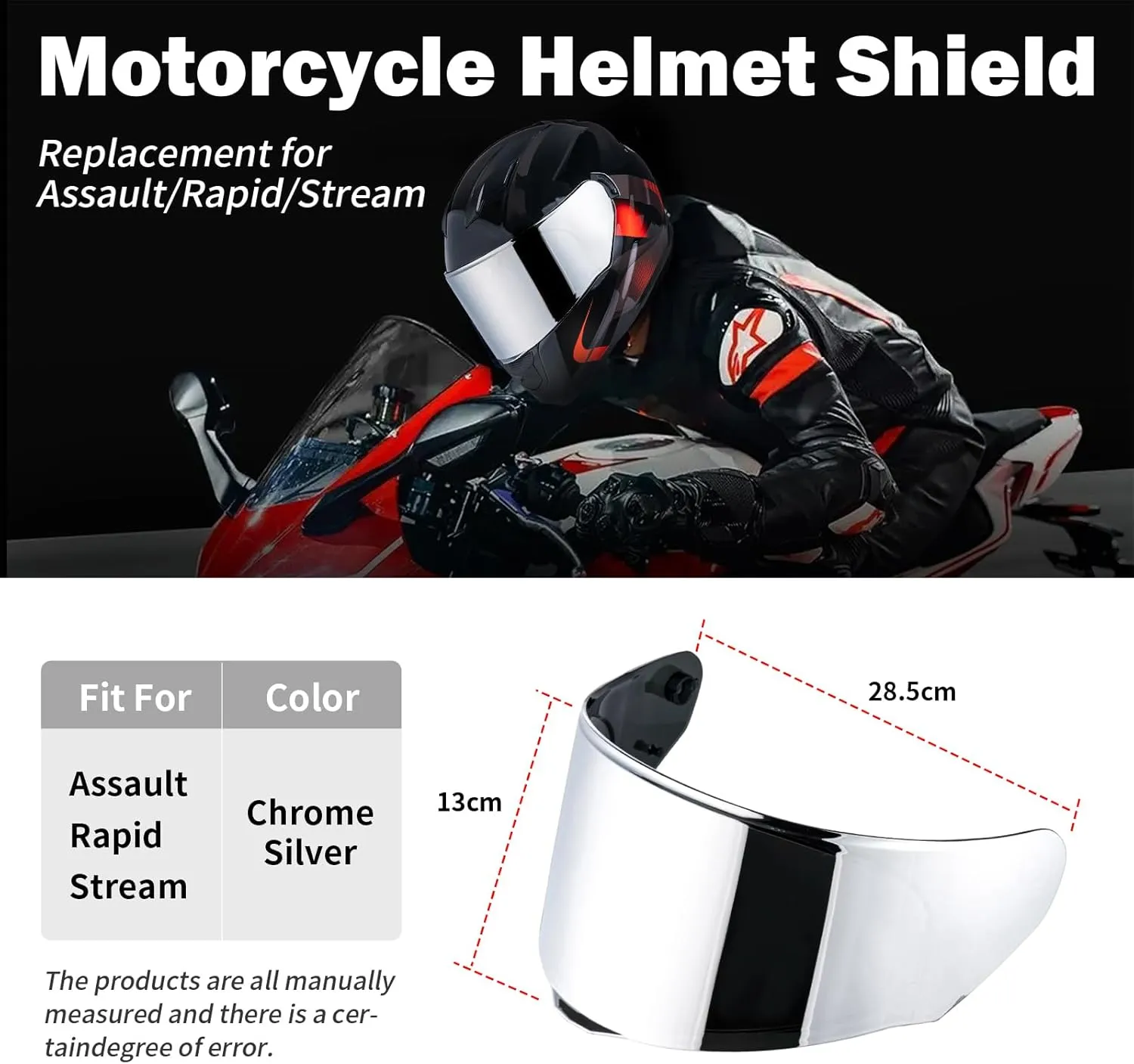 Helmet Shield For Assault/Rapid/Stream Full Face Shield Street Motorcycle Helmet Visor Replacement(Chrome Silver)