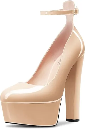 HEUIVZAR Women High Platform Chunky Block Heel Close Toe Pumps Ankle Strap Party Dress 5.9 Inches Heels