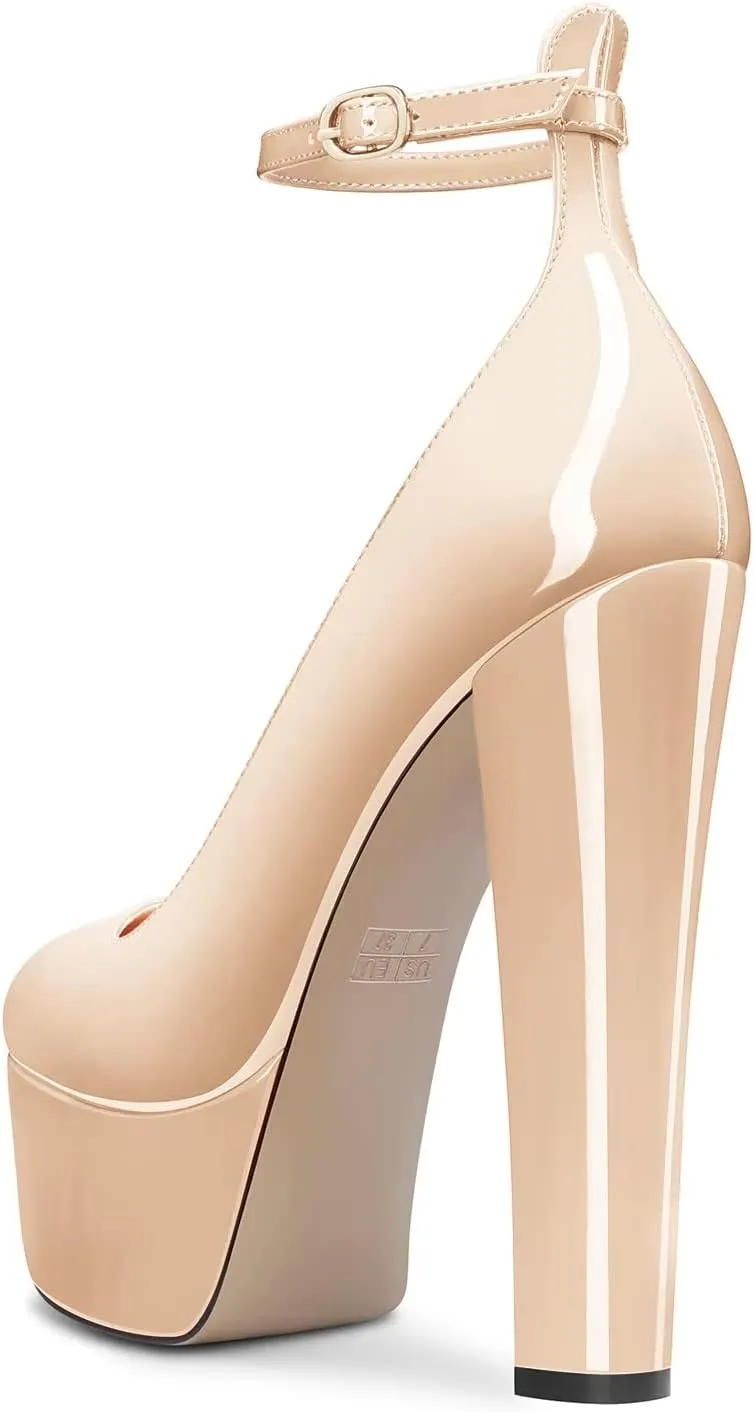 HEUIVZAR Women High Platform Chunky Block Heel Close Toe Pumps Ankle Strap Party Dress 5.9 Inches Heels