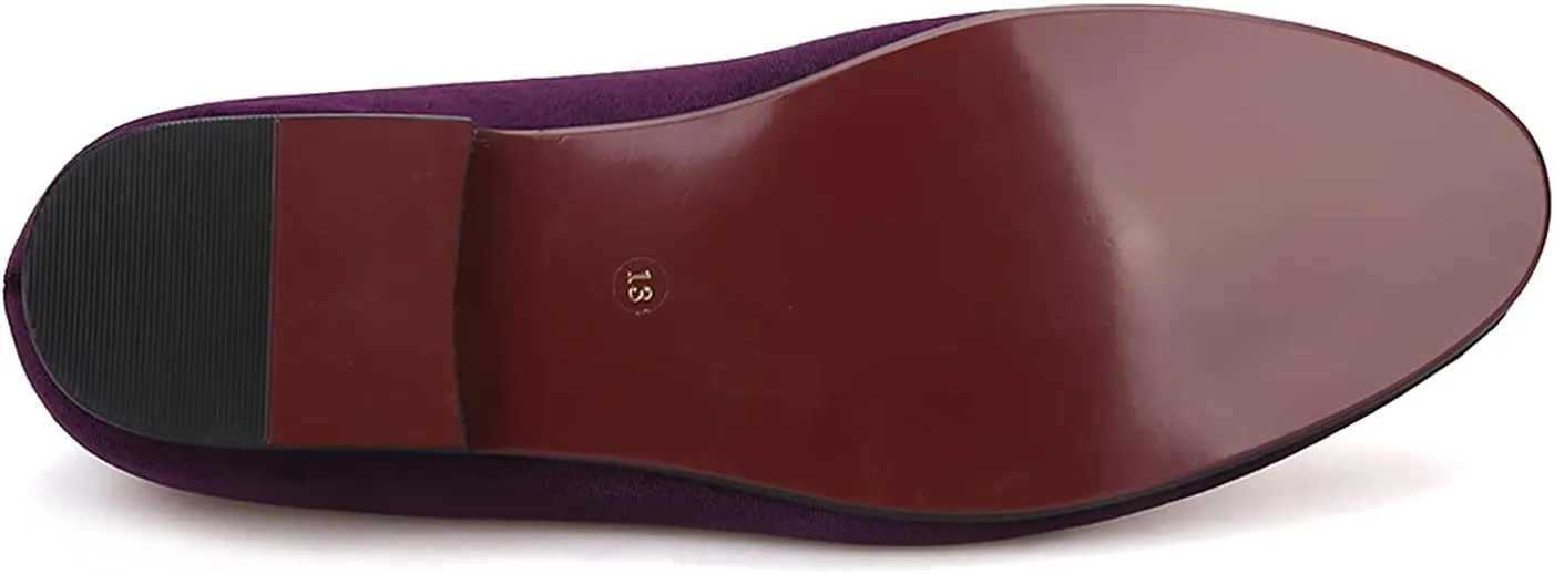 HI&HANN Purple Color Velvet Men Loafers with Delicate Embroidery Shoes Slip-on Loafer Round Toes Smoking Slipper