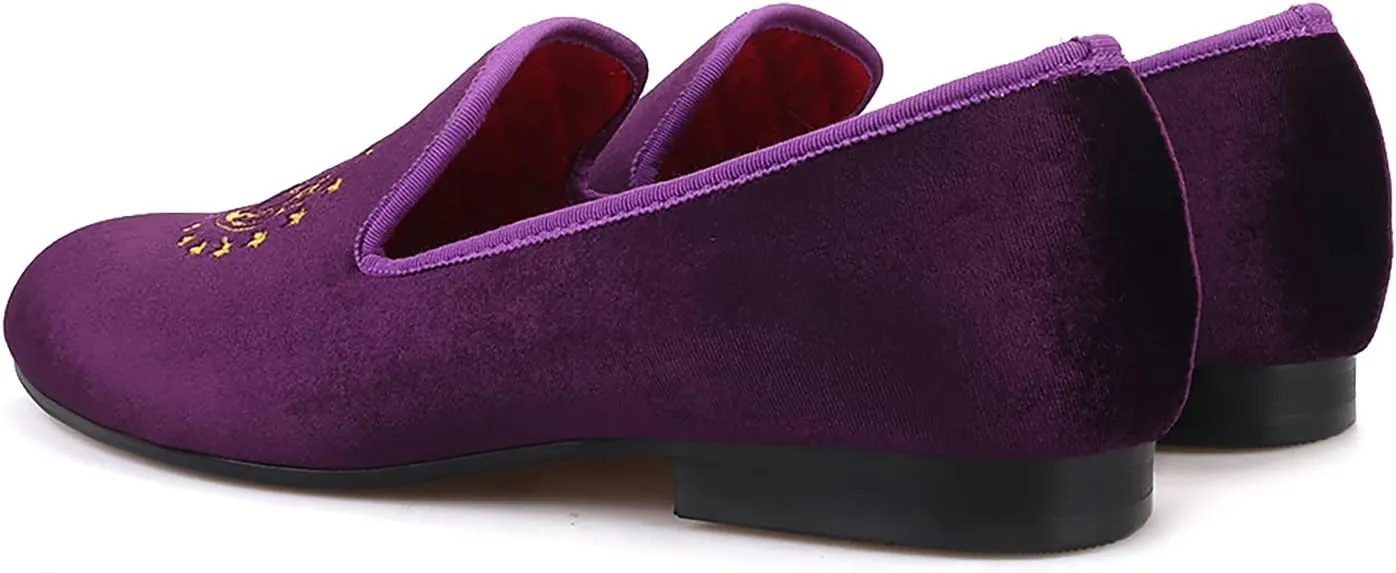 HI&HANN Purple Color Velvet Men Loafers with Delicate Embroidery Shoes Slip-on Loafer Round Toes Smoking Slipper
