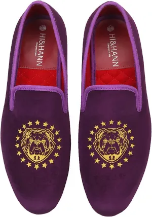 HI&HANN Purple Color Velvet Men Loafers with Delicate Embroidery Shoes Slip-on Loafer Round Toes Smoking Slipper