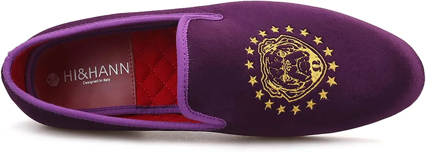 HI&HANN Purple Color Velvet Men Loafers with Delicate Embroidery Shoes Slip-on Loafer Round Toes Smoking Slipper