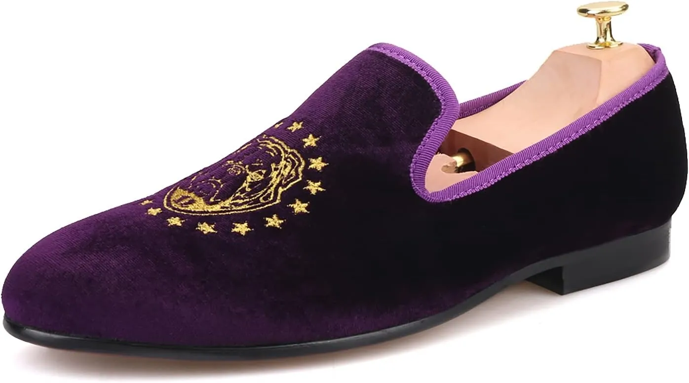 HI&HANN Purple Color Velvet Men Loafers with Delicate Embroidery Shoes Slip-on Loafer Round Toes Smoking Slipper