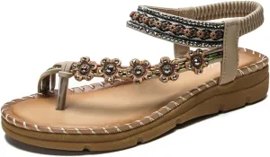 HNGHOU Women's Summer Sandals Casual Comfortable Bohemia Beach Flat Sandals Open Toe Ankle Crystal Gladiator Shoes
