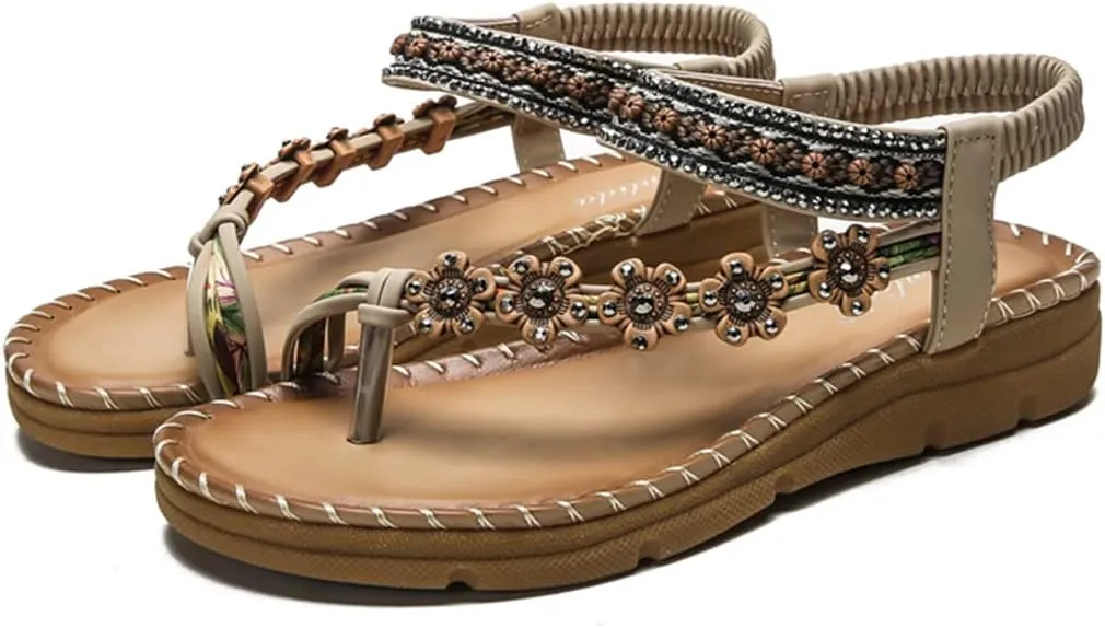 HNGHOU Women's Summer Sandals Casual Comfortable Bohemia Beach Flat Sandals Open Toe Ankle Crystal Gladiator Shoes