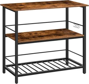 HOOBRO Kitchen Island with Wine Rack, Industrial Island Counter with Hooks and Protective Rails, 3 Tier Kitchen Shelf with Large Workstation, Easy Assembly, Rustic Brown BF02ZD01