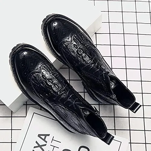 HOOENG Round Toe Boots for Men Carved Brogue Win Tip Side Zip Crocodile Print PU Non Slip Block Heel Stylish Vintage