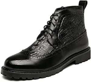 HOOENG Round Toe Boots for Men Carved Brogue Win Tip Side Zip Crocodile Print PU Non Slip Block Heel Stylish Vintage