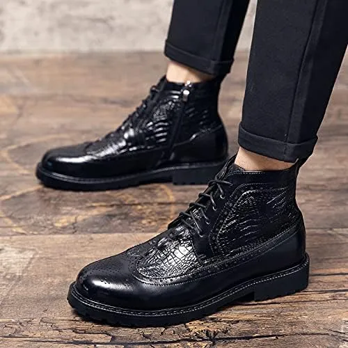 HOOENG Round Toe Boots for Men Carved Brogue Win Tip Side Zip Crocodile Print PU Non Slip Block Heel Stylish Vintage
