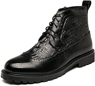 HOOENG Round Toe Boots for Men Carved Brogue Win Tip Side Zip Crocodile Print PU Non Slip Block Heel Stylish Vintage